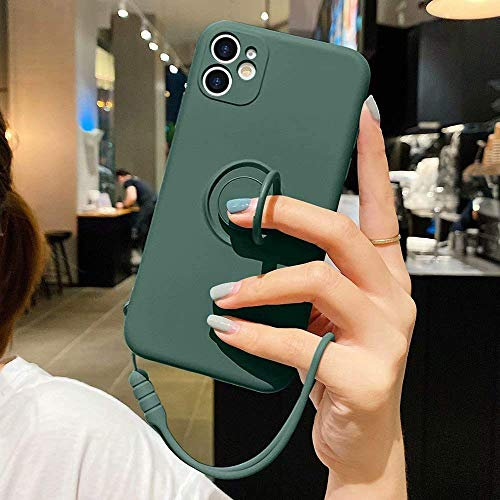 Pepmune Kompatibel mit iPhone X iPhone XS Handyhülle Silikon Case mit Ring Halter Liquid Silikon Hülle mit Lanyard Silikonhülle mit innem Microfaser Tuch Case Cover für iPhone X/Xs, Schwarzgrün
