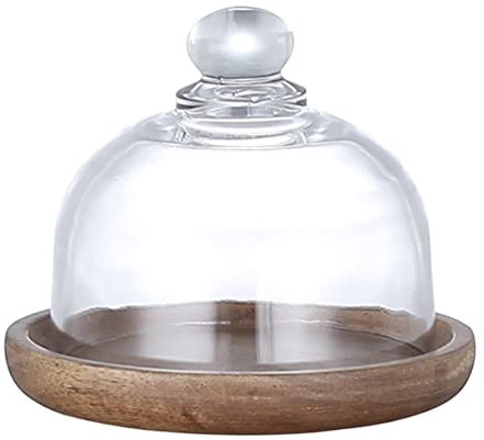 Luxshiny Kuchen Glocke mit Holz Kuchenständer Transparent Mini Glasglocke Käseglocke Käse Torten Glashaube Tortenglocke Lebensmittel Haube Abdeckung Abdeckhaube für Speise Eseen Cover