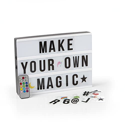 EASYmaxx LED-Leuchtkasten Light Box - Für individuelle Textbotschaften | Mega-Set mit 150 bunten Emojis und 173 austauschbaren Buchstaben, Zahlen und Symbolen | Mit Timerfunktion [A4]