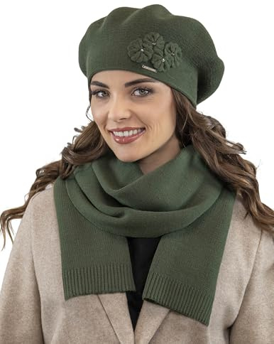 VIVISENCE Damen Mütze Mit Schal Mit Blume Applikation Wärme An Wintertagen 7006, Grün,Einheitsgröße