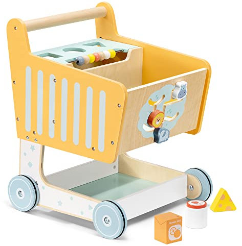 Navaris Spielzeug Einkaufswagen aus Holz - Kinder Lauflernwagen - für Mädchen und Jungen - ab 12 Monate - Kaufmannsladen Zubehör - Activity Center - bunt