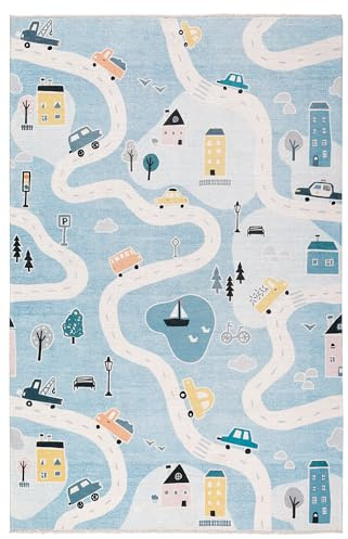 Spielteppich Weltkarte mit Tieren - Blau-Grau 155 x 225 cm - Waschbar & rutschfest - Lernteppich fürs Kinderzimmer - Schlafzimmer Teppich