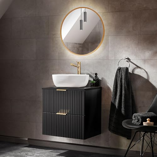 Lomadox Waschplatz Set mit 61cm Waschtisch mit Aufsatzwaschbecken und rundem Spiegel, matt schwarz gerillt, B/H/T ca. 60,6/200/46,5 cm