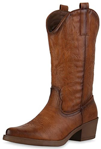VAN HILL Damen Stiefel Cowboystiefel Stickereien Schuhe Spitze Holzoptikabsatz Western Boots Freizeitschuhe 211606 Hellbraun 36