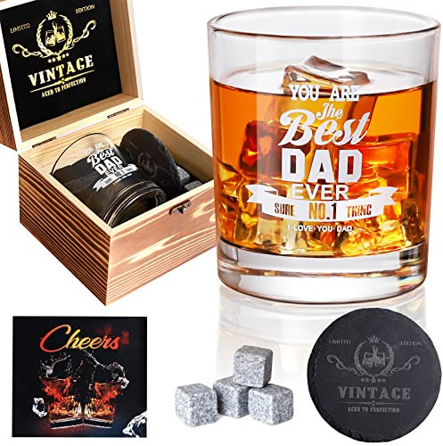 Tecanne Cadeaux de fête des pères, cadeaux d'anniversaire de la part de sa fille, idées cadeaux pour papa – Ensemble de verres à whisky avec boîte en bois, pierres à whisky et dessous de verre