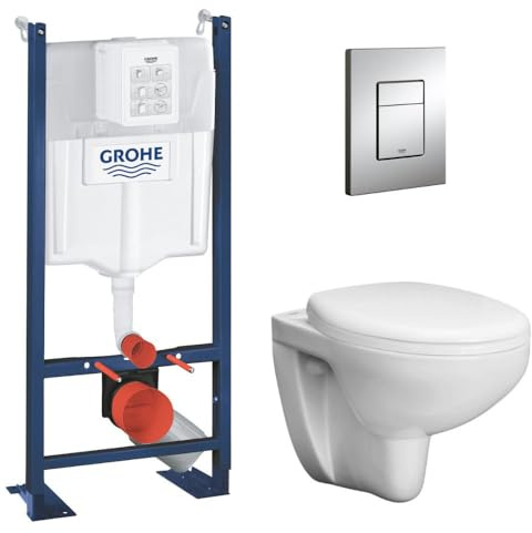 WC komplektas Grohe Bau Ceramic Rimless: BauCeramic Rimless WC su SC dangčiu+WC rÄ—mas+mygtukas Skate Cosmo chromas+rÄ—mo tvirtinimai 39586000