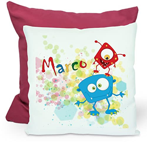 CreaDesign, Kinder Kissen 40x40 cm personalisiert mit Namen, Kinderzimmer Deko Kissen Kinder mit Füllung Federn, Motiv Monster, Rückenfarbe Lila