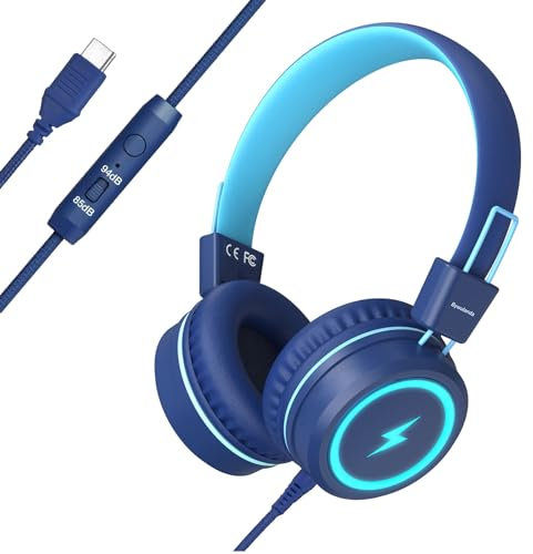 Bywulanda Casque pour Enfants avec lumières LED pour l'école, Casque USB de Type C avec Microphone, limiteur de Volume 85/94 DB, Casque Filaire pour garçons/Filles/Tablette/Voyage -Bleu