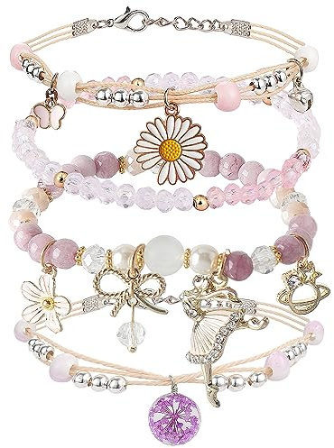 DS 4PCS Beaded Charm Bracelets for Teen Girls Dainty cute cartoon Crystal Beads Pearl Bracelets anklets set for woman and girls Adjustable Stretch bracelet birthday Gift For Friends Dancing Girl
