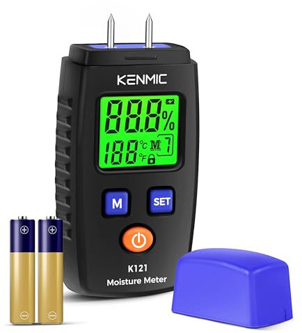 KENMIC Moisture Meter for Wood, Pin-Type Moisture Detector with LCD Backlit Display, 7 Material Modes, Digital Moisture Tester for Walls, Wood, Firewood, Lumber, Bricks, Floor and More