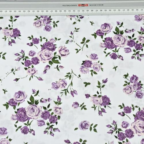 Textrend Baumwollstoff Stoffe Meterware - Stoff zum Nähen - 100% Baumwolle - Blumenmuster - Textilien 1x2.2m (Violette Rosenzweige auf Weiß)