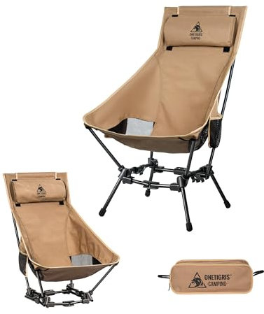 OneTigris DRAGONHIDE Campingstuhl Hochlehner faltbar 125 kg, Klappstuhl Camping leicht, Angelstuhl klappbar mit 2 Seitentaschen, Faltstuhl Ultraleicht für Outdoor, Wandern(Kojote Braun)