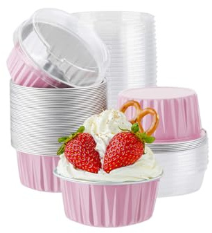 Paquete de 100 tazas de papel de aluminio para hornear con tapas, tazas de postre de 5 onzas, moldes desechables para magdalenas, moldes para magdalenas, moldes para magdalenas, recipientes