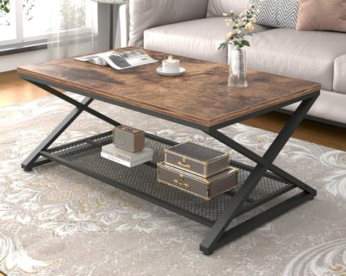 LVB Sofatisch 100x60x45 cm Braun-Schwarz Eiche mit offenem Stauraum | Couchtisch aus Vintagebraun-schwarz Eiche im Industrial Stil, rechteckig mit offenem Stauraum