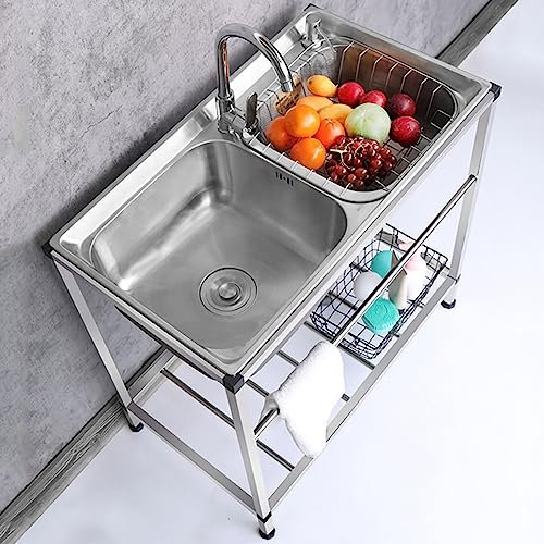 2-Fach-Spüle, Außenspüle, Spüle aus Edelstahl 304, Außenspüle, große Doppelspüle, gewerbliche Küchenspüle mit Kalt-/Warmwasserhahn für Garage, Garten, Wäscherei