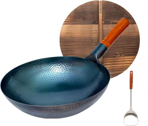 KRODEAIR Wok Chinois en Fer martelé à la Main et poêles à Frire avec poignée et Couvercle en Bois, poêle à Fond Rond antiadhésive sans revêtement, idéale pour Un Usage Domestique,36cm