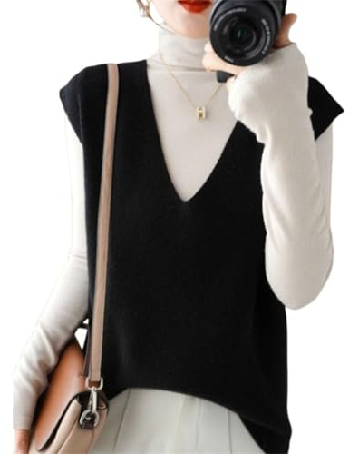 Strickweste für Damen, Kaschmir-Pullover, V-Ausschnitt, Schlitz, Kaschmir-Strick, ärmellos, lose Weste, Schwarz , XL