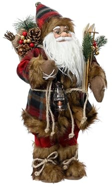 Kaemingk Traditional standing santa - father christmas figure - 45cm christmas figurine - red tartan fur trim coat holding lantern and skis - indoor standing santa decoration.