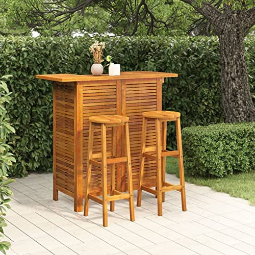 3-teiliges Bar-Set für den Garten, Terrasse, Esstisch, Gartentisch und Esszimmerstühle, Gartenmöbel-Set, Massivholz, Akazie, Outdoor-Möbel, Barstühle mit Rückenlehne, Bar-Set Option2