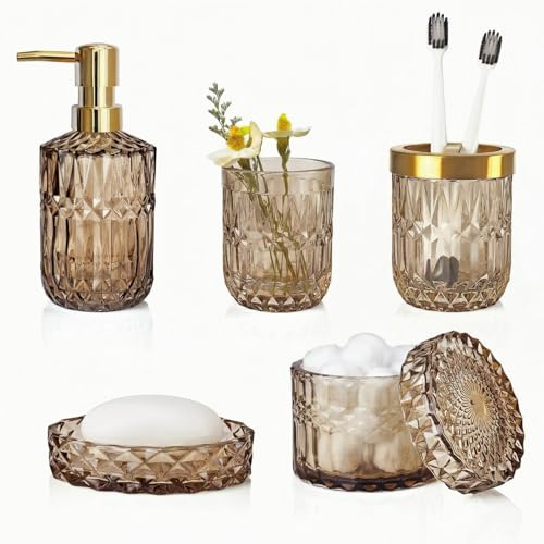 LaMarriti Brown Bathroom Accessories Set, 5Pcs Clear Glass Bathroom Accessories, Lotion Soap Dispenser, Toothbrush Holder Set, Soap Dish, Qtip Holder, Tumbler for Vintage Bathroom Decor, Gift Set