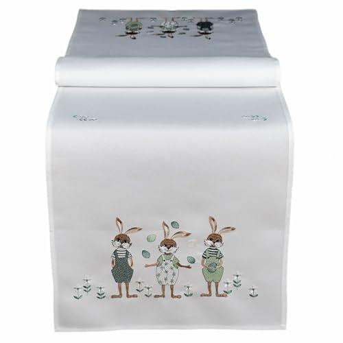 texpot Tischläufer 40 x 140 cm mit Stickerei Hasenkinder Osterhasen Ostern Frühling
