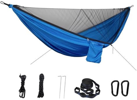 MNEVZX Hamacas Camping Hamaca con mosquitera para Dos Personas, fácil de configurar, 290x140cm, con 2 Correas para árboles, Hamaca portátil para Acampar, Patio de Viaje(Blue Black Net)