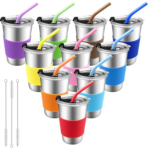 ASMIZ 10 Pack Kids Stainless Steel Cups with Lids and Straws, 16 oz Reusable Leak Tumbler with Silicone Straws and Colored Sleeves, Metal Drinking Cups for School Student Outdoor Birthday Party