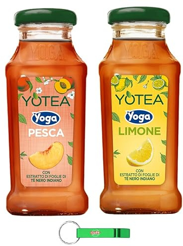 Testpaket Yoga Eistee Yotea Pfirsich + Zitrone,Erfrischendes Alkoholfreies Getränk,Eistee mit indischem Schwarzer Tee Blattextrakt Glasflasche 48 x 200ml + Beni Culinari Kostenloser Schlüsselanhänger