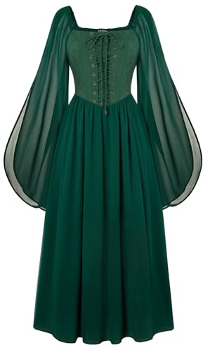 SCARLET DARKNESS Vestido de corsé renacentista para mujer, estilo vintage, manga con abertura, vestido largo rockabilly, verde oscuro, L