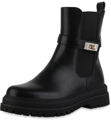 VAN HILL Damen Biker Boots Blockabsatz Schnallen Trendy Schuhe 217634 Schwarz 38