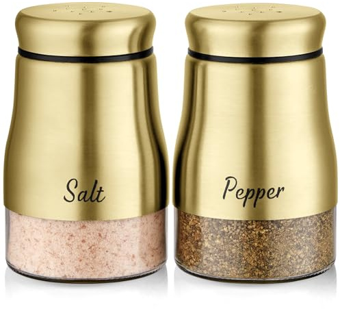 Gold Salt and Pepper Shakers Set, Bivvclaz 5 Ounce Salt and Pepper Dispenser with Glass Bottom, Cute Salt and Pepper Shakers for Gold Kitchen Decor and Accessories