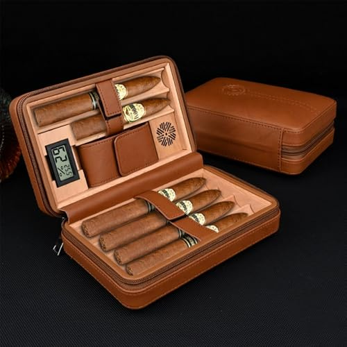 Volenx Leather Humidor Zigarren für 6 Zigarren mit elektronischem Hygrometer und Befeuchter (Braun)