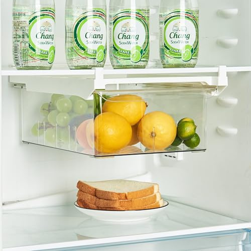Adjustable Fridge Drawer Storage Bins with Slide Rail, Under Shelf Refrigerator Organiser Drawers for Fruits, Vegetables,eggs (Large)
