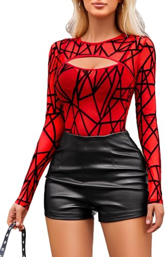 Avidlove Body da donna Top sexy in rete Top a maniche lunghe Camicetta elegante Abito da festival Curvy Trasparente A righe rosso M