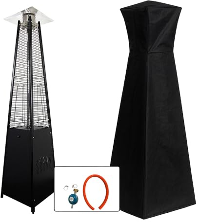 TEMPO STYLE - Pyramid utomhus gasspis 13 kW | Levande flamma värmare för trädgård, bar och restaurang | Täckning och regulator ingår | Modern design | 13–15 kg flaska (svart)