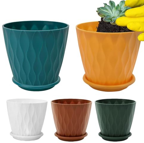 Jingmiger Lot de 5 Pots de pour l'intérieur - avec Drainage et Soucoupe pour Le Jardin - Pots de Jardin, pour Cactus et Lierre - pour l'intérieur et l'extérieur - Terrasse et Jardin