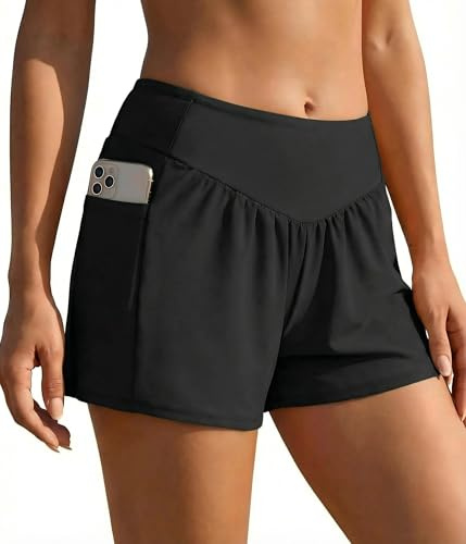 Ekouaer Shorts de Natación y Baño para Mujer Mujeres Secado Rápido Shorts de Baño de Verano con Bolsillo Shorts de Cintura Alta, L