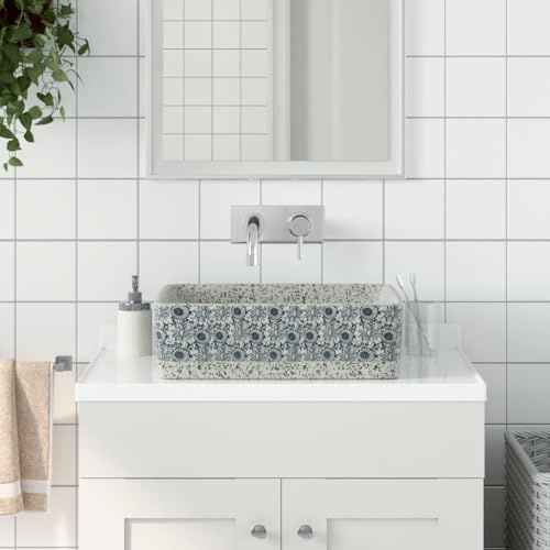 Mokuyary Vasque à poser gris/bleu rectangulaire 46x35,5x13 cm céramique Lavabo, Vasque à Poser au-dessus du Comptoir pour Salle de Bains, WC d'invités, Hôtel, Toilettes
