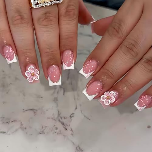Dermalyx Press On Nails Kurz Quadratisch French Weiß, 3D Blumen Nails, Künstliche Fingernägel, Nägel zum Aufkleben, Fake Nägel Set, Sommer Nägel Design