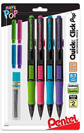 Pentel Quick Click Pop Mechanical Pencil, (0.7mm), Medium, 2 Eraser Refills, Pack of 4 (PD217ALEBP4)