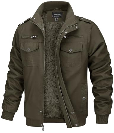MAGCOMSEN Övergångsjacka för män, varm vinterjacka med fleecefoder, vindtät cargojacka med ståkrage, amerikansk militär taktisk jacka med dragkedja, Armégrön, 3XL