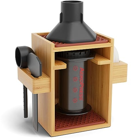 Hexnub Compact Aeropress Organizer Premium Bamboo Stand Kaffedose Station für Aeropress Coffe Maker Filter, Tassen und Accessoires mit hochwärtiger Silikon Tropf Matte (Braun) | Handgefertigter Kaffee-Caddy mit Filterhalter, Tassen-Aufbewahrungsregal, Zubehörstation und Silikon-Tropfmatten
