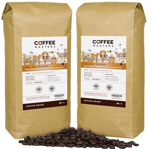 Coffee Masters All Day Blend Espresso Coffee Beans 2kg (2x1kg) - Medium Roast for Strong and Full Bodied Flavour - Whole Bean, Ideal for Barista Machines