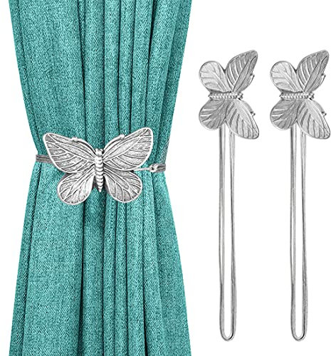 Lewondr Fermatende da Interno 2 Pezzi in Resina, con Cordino e Fermagli Magnetici, Decorative, Raccogli Tende Rétro e Elegante, a Farfalla con Incisione, Argento