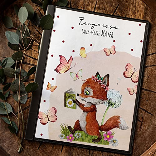 Zeugnismappe mit 20 Folien Fuchs Füchschen mit Buch Pusteblume Schmetterlinge personalisierbar Schulanfang Schulanfänger Einschulung Wunschname zm09 - ausgewählte Größe: *Zeugnismappe 20 Folien*