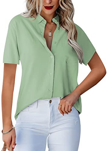 Homlan Damblus, v-ringad, långärmad, elegant, ledig, knappblus, arbetsblus, enfärgad, med bröstfickor, D-grön, L