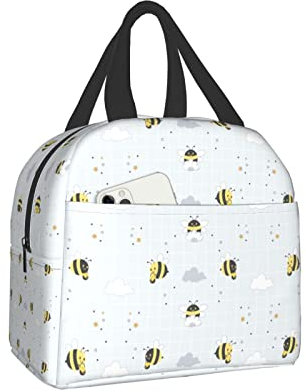 FJAUOQ Abeille Kawaii avec Nuage Lunch Box, Bento Box Boîtes à Lunch Isolées Sac à Lunch Imperméable Réutilisable avec Poche Avant pour Bureau Pique-Nique Randonnée Plage