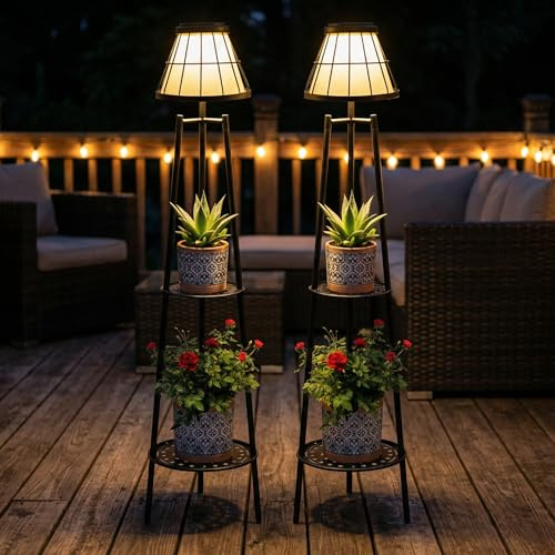 Solgicar 2 Pack Solar Lights with Plant Stands, 45.4'' Waterproof Outdoor Metal Solar Floor Lamps for Patio Deck Yard Pathway Porch Garden
