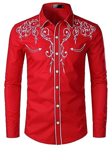 BINGFENG Camicia da uomo alla moda da cowboy occidentale, ricamata, slim fit, casual, a maniche lunghe, camicia da uomo per feste di, Rosso-2, XXL