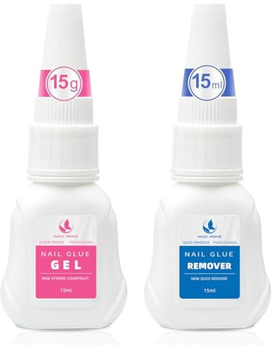 MAGIC ARMOR Pegamento de uñas con removedor de pegamento para uñas a presión, pegamento de uñas superfuerte para uñas postizas, uñas postizas, profesional de larga duración, sin necesidad de secado UV